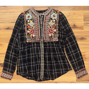 Johnny Was Embroidered Boho Folk Peasant Top Women’s Small Black Indie Floral